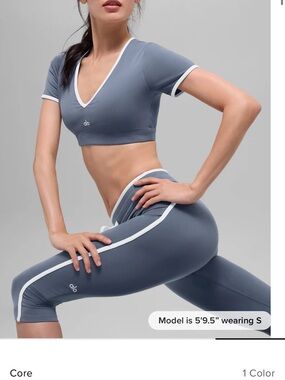 ALO Yoga Slate Blue V‑Neck Crop Top & High‑Waist Leggings Set with White Trim